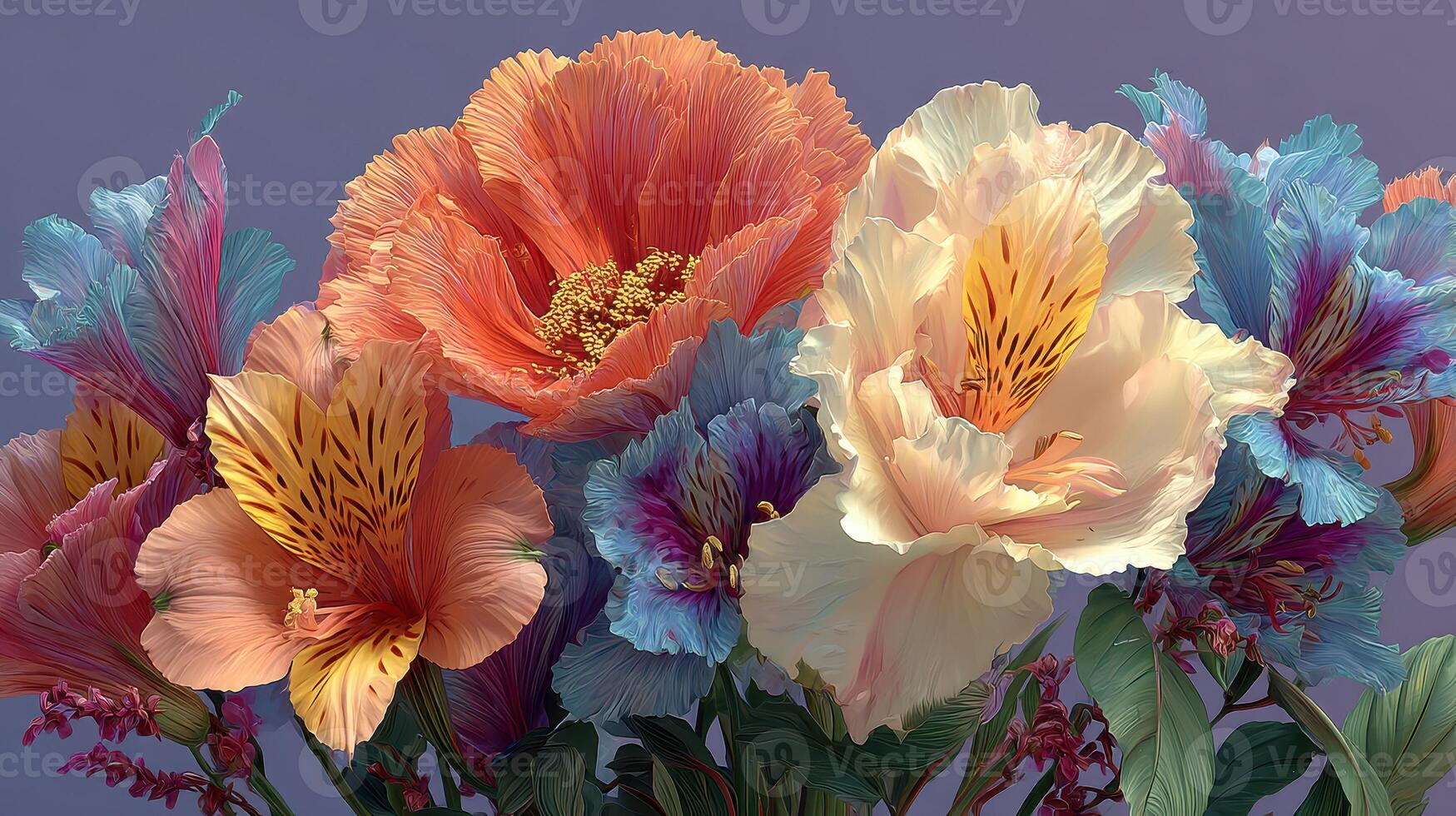 Beautiful bouquet of colorful flowers showcasing vibrant petals and lush greenery in a soft purple background photo