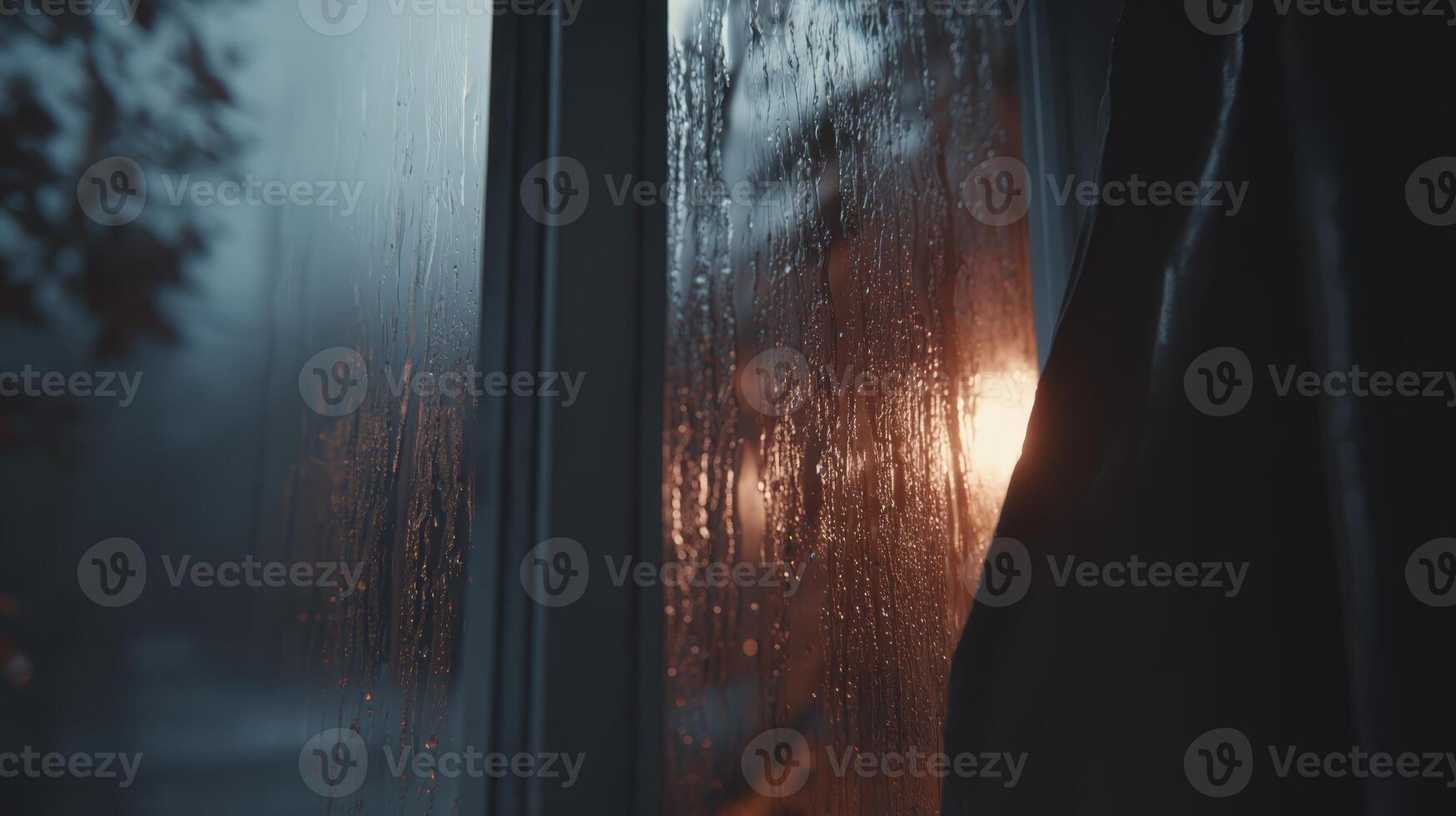 Rainy Night Window View Dark Mood Atmosphere with Warm Light and photo