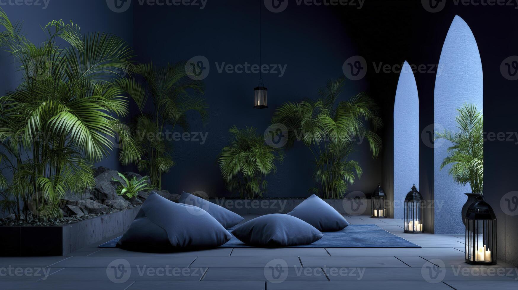 Serene Spa Room Oasis With Lush Greenery And Calming Blue Accents photo