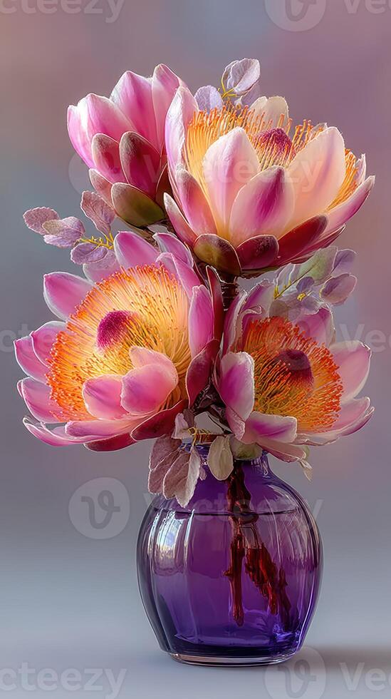 Beautiful arrangement of vibrant pink and orange flowers in a purple vase on a soft background photo
