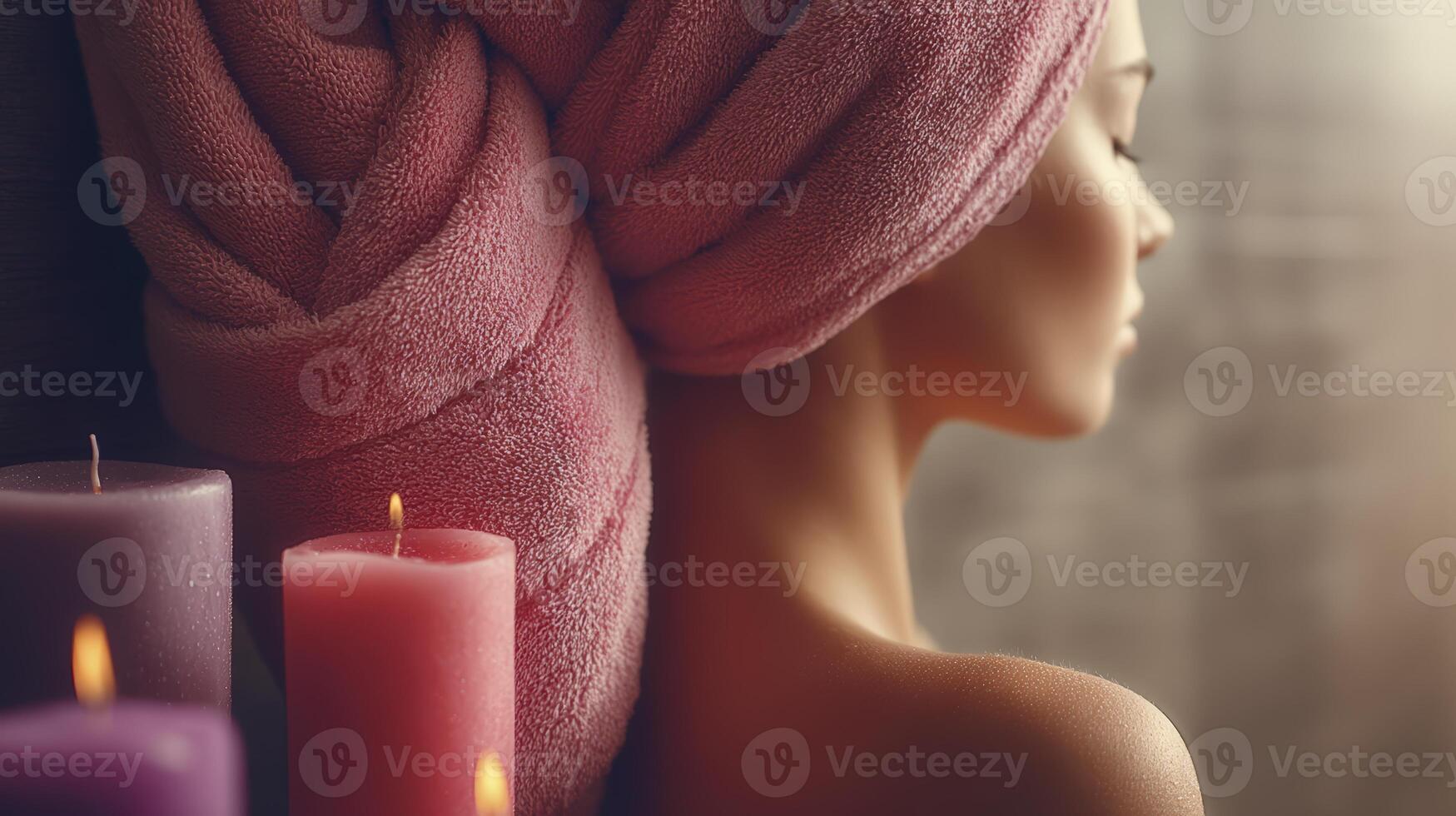 a woman with a towel wrapped around her head and three candles photo