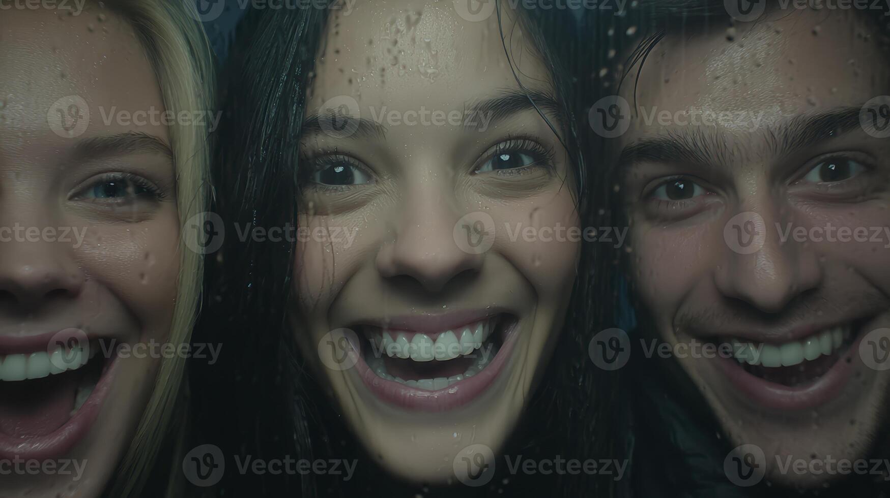 Smiling Friends at a Rainy Window Close up Portrait photo