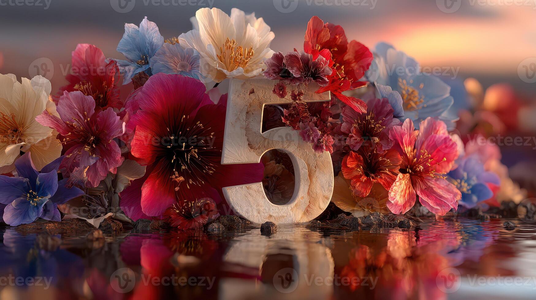 Colorful floral display with number five surrounded by vibrant blossoms at sunset photo