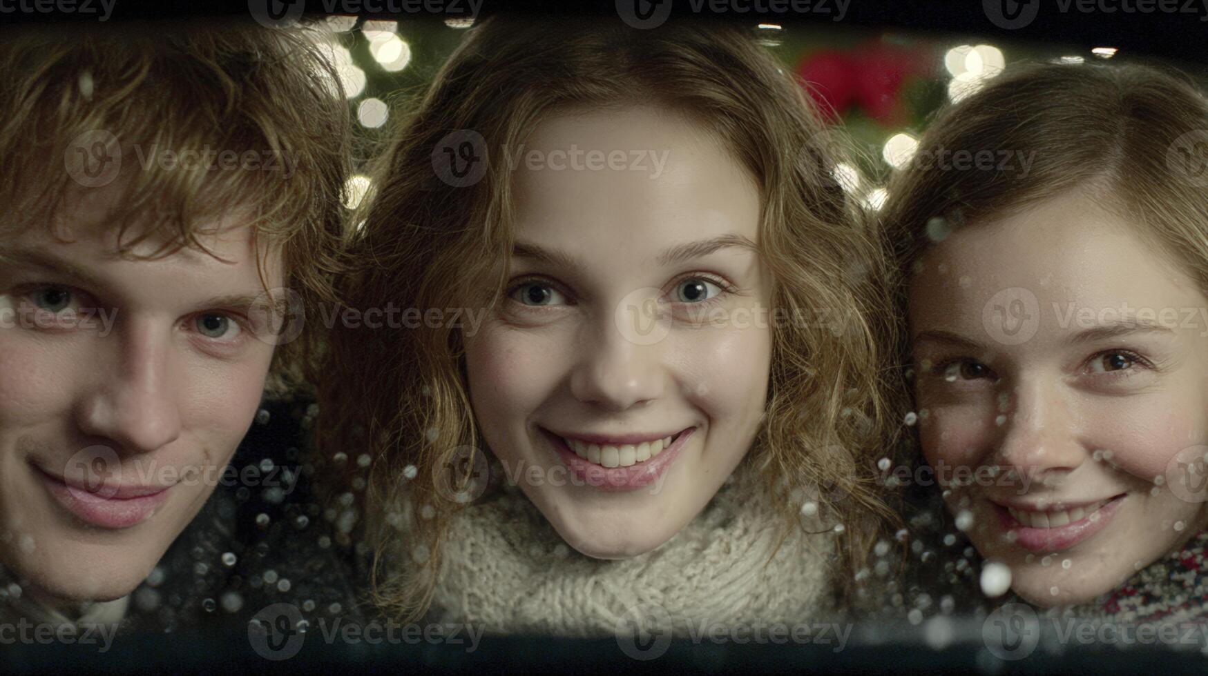 Smiling Friends Huddle Together on a Snowy Winter Evening photo