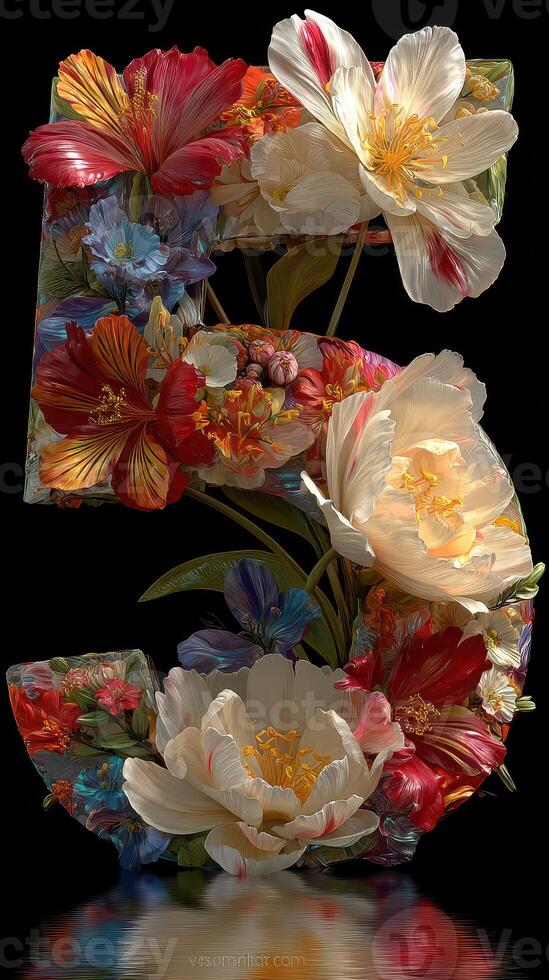Floral arrangement forms the number five in vibrant colors against a dark background photo