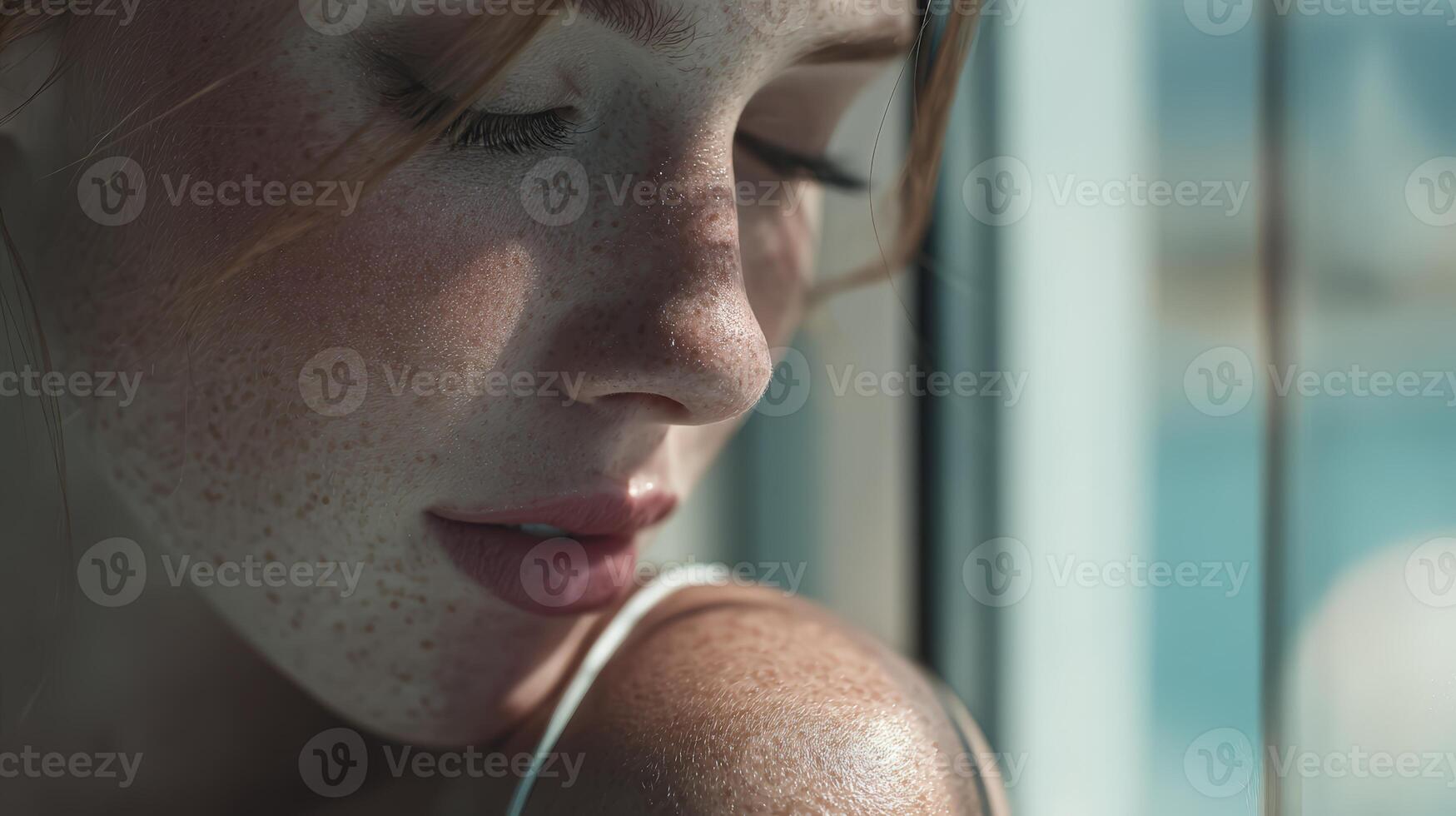 Close Up Portrait of a Young Woman with Freckles and Glowing Skin photo