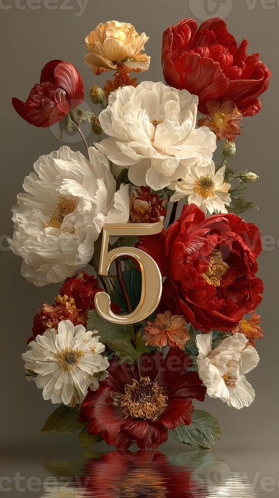 Vibrant floral arrangement celebrating milestone with large gold number fifty displayed among colorful peonies and poppies photo