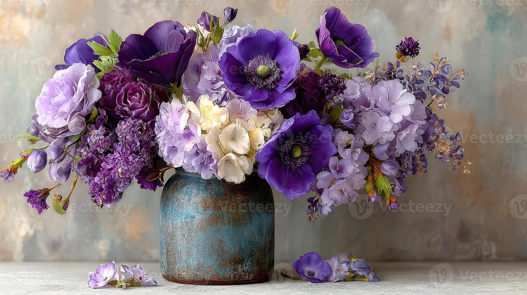 Colorful floral arrangement in a rustic vase featuring purple and white blooms on a textured background photo