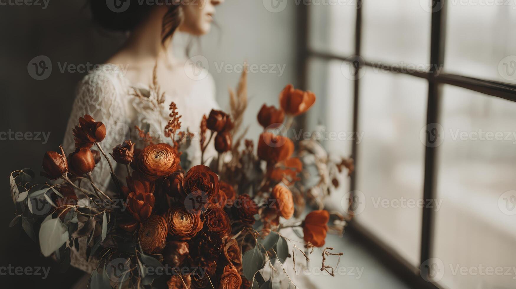 Elegant Bride with Autumn Bouquet near Window photo