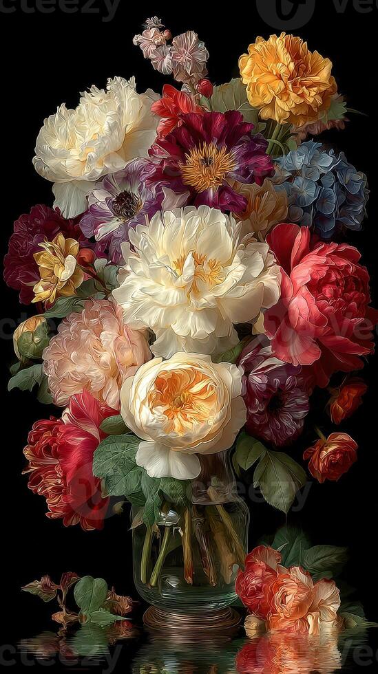 Vibrant bouquet of peonies, hydrangeas, and roses in glass vase against dark background photo