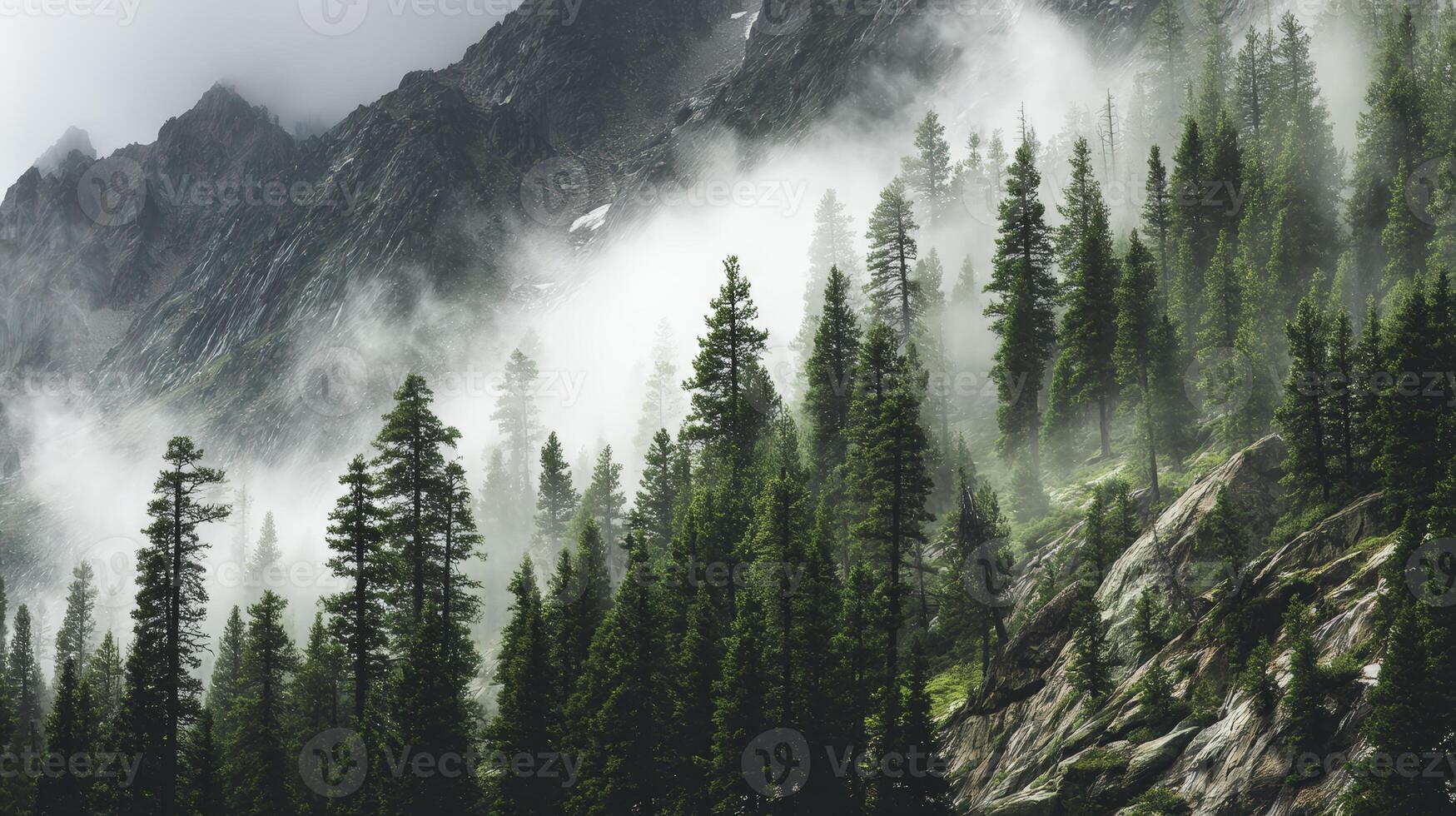 Misty Mountain Forest Landscape With Green Pine Trees photo