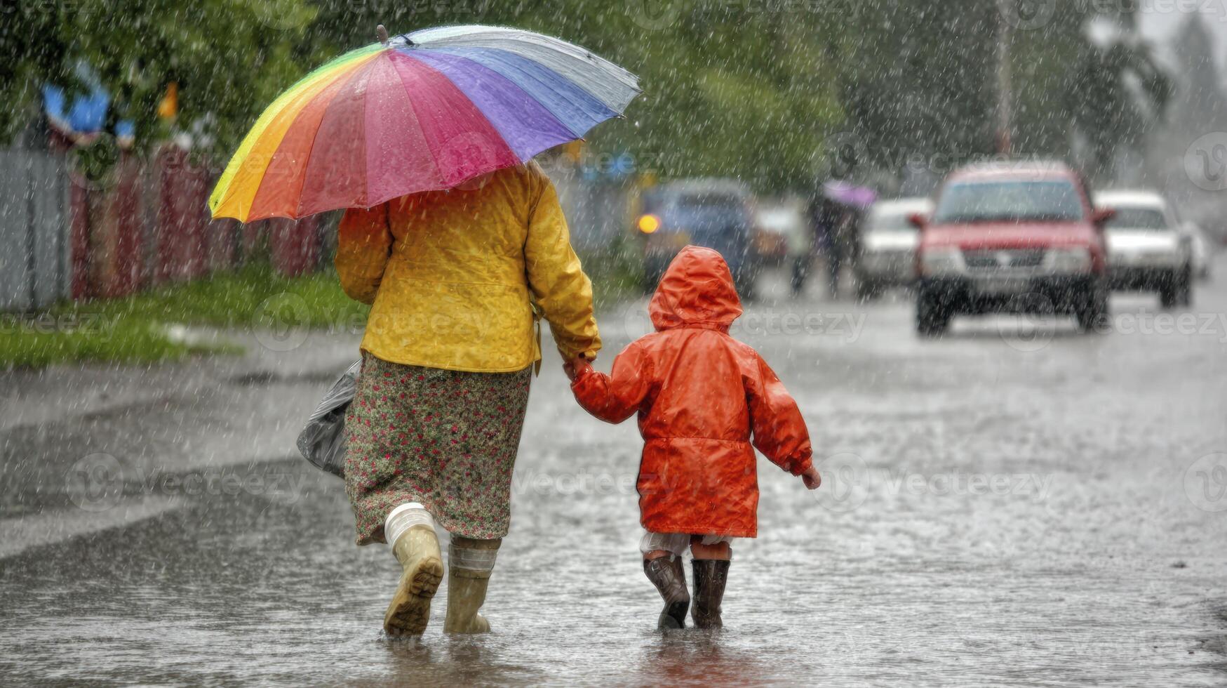 Mother and Child Walking in Rain Under Colorful Umbrella photo