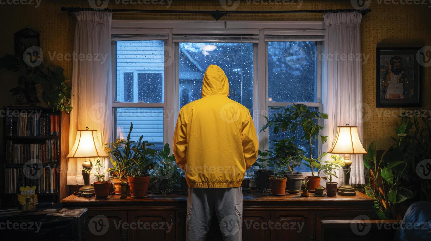 Person in Yellow Raincoat Gazes at Night Snowfall Through Window photo