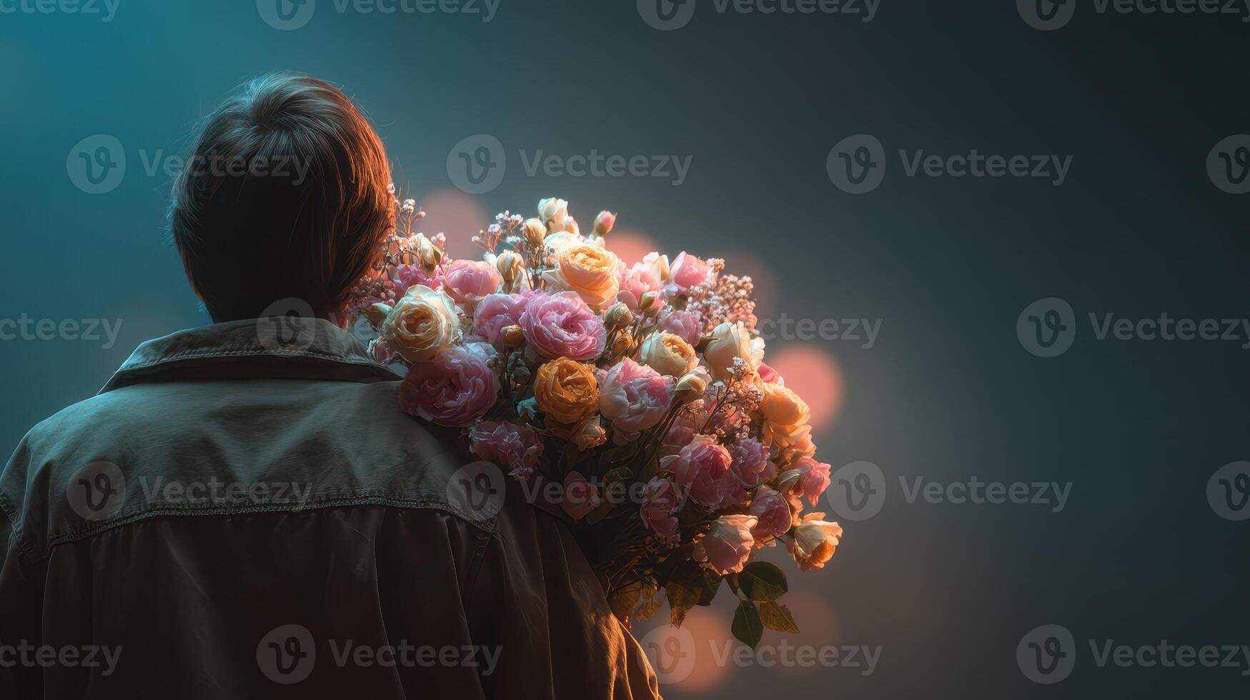 Person holds large bouquet of colorful flowers in a dimly lit setting with soft bokeh lights in the background photo
