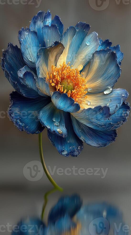 Stunning blue flower with intricate details and water droplets captured in a soft background photo