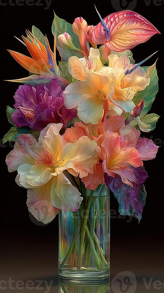 Colorful tropical flowers arranged artfully in a glass vase against a dark background photo