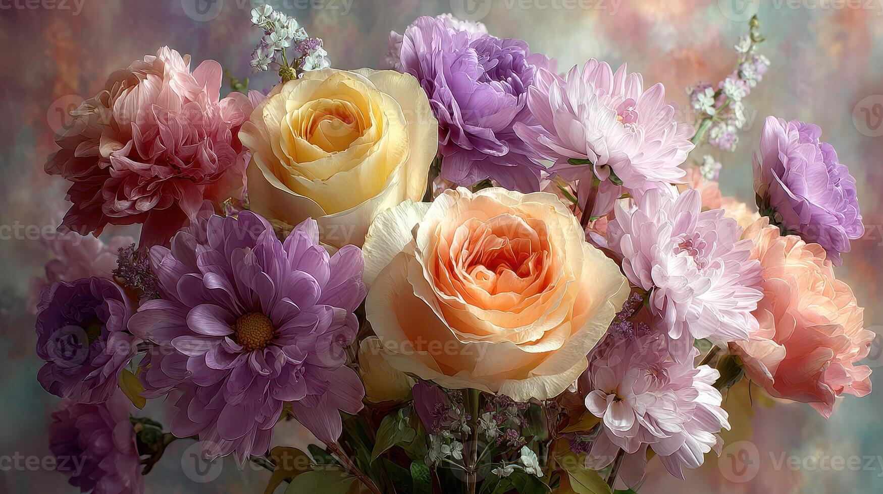 Freshly arranged roses and chrysanthemums create a vibrant bouquet in soft pastel colors for any occasion photo