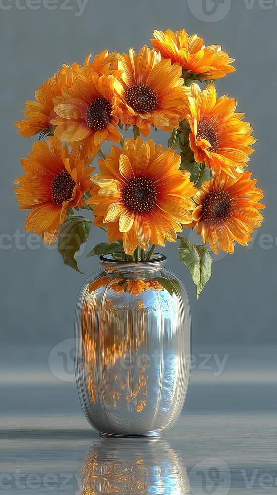 Bright sunflowers in a glass vase create a cheerful atmosphere in a well-lit room photo