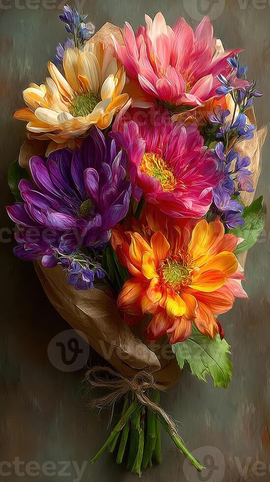 Colorful bouquet of flowers with vibrant blooms and greenery arranged beautifully for decoration photo