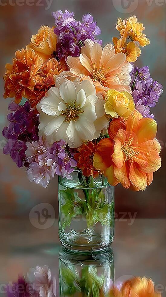 Colorful floral arrangement in a glass vase on a reflective surface captured in soft natural light photo
