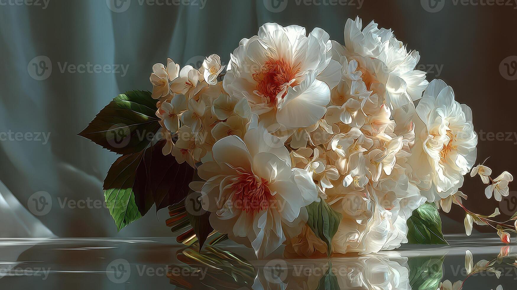 Elegant floral arrangement featuring soft white blooms and subtle peach accents in a tranquil indoor setting photo