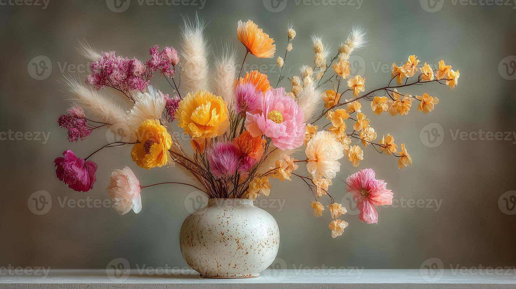 Bright floral arrangement in a rustic vase displayed indoors featuring various colorful blooms photo