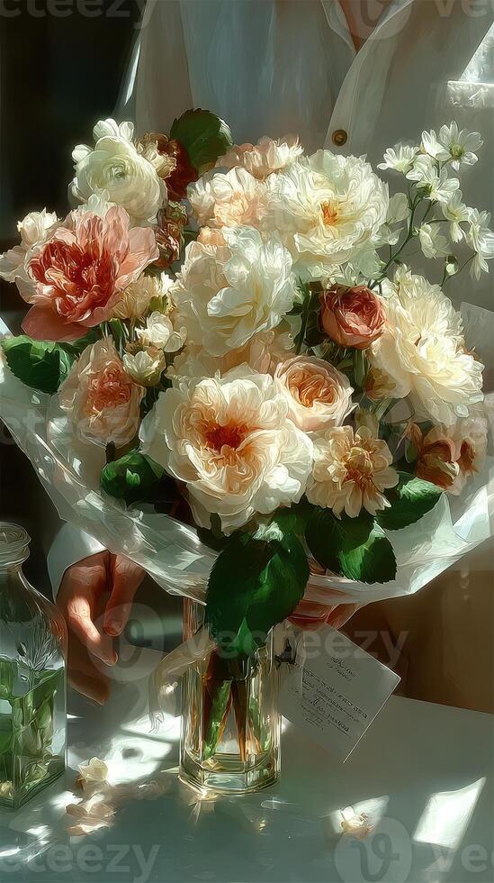 Beautiful bouquet of fresh flowers held by a person in a bright, natural light setting photo