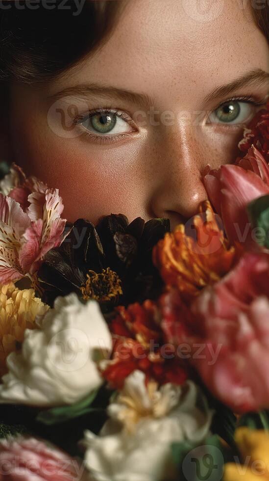 Young woman with green eyes surrounded by colorful flowers in a natural setting photo