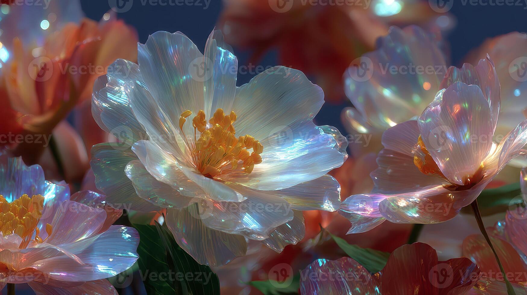 Beautiful translucent flowers gleaming under soft light in a serene natural setting photo