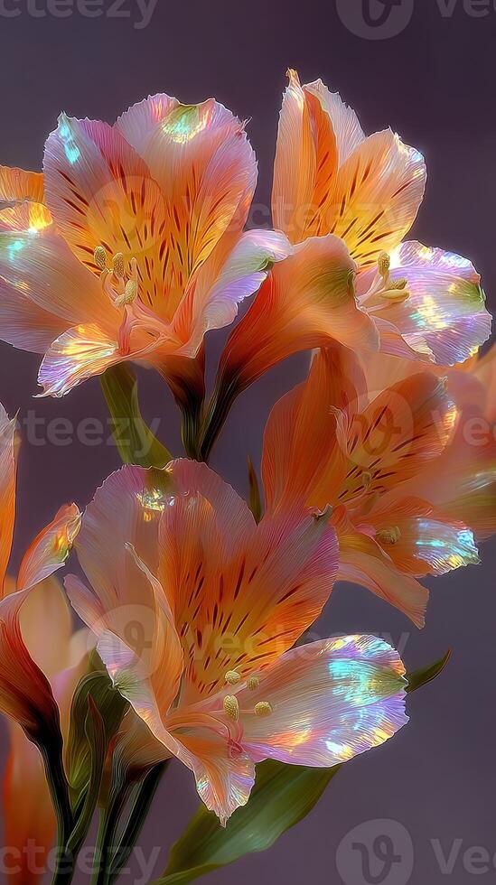 Vibrant alstroemeria flowers display vivid colors and intricate details in a soft light setting photo