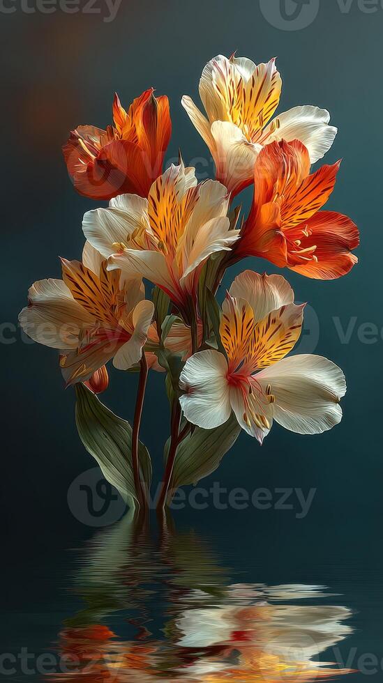 Vibrant bouquet of orange and white flowers reflected in still water setting photo