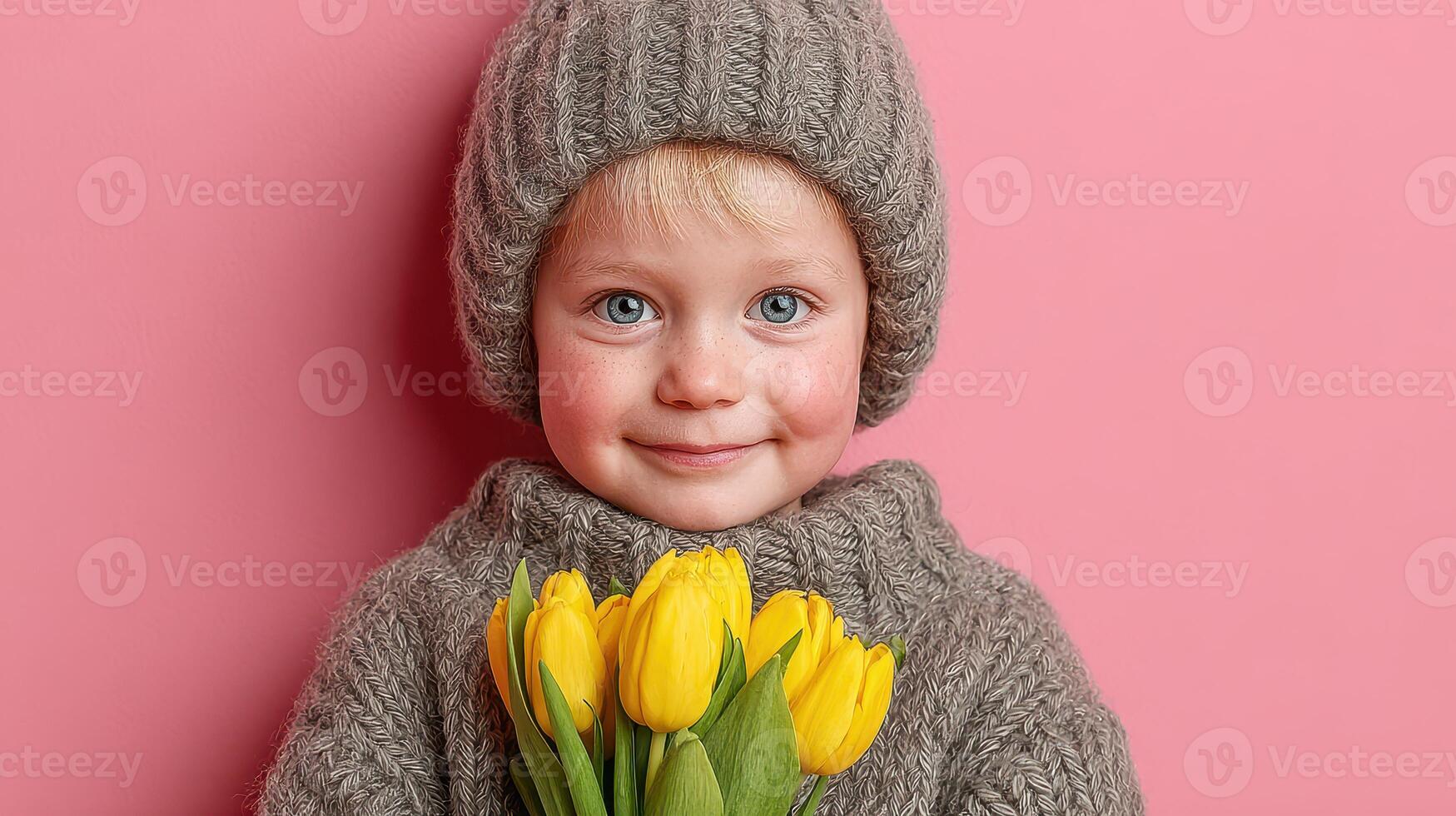 Smiling child in cozy sweater holding yellow tulips against a pink background during springtime photo