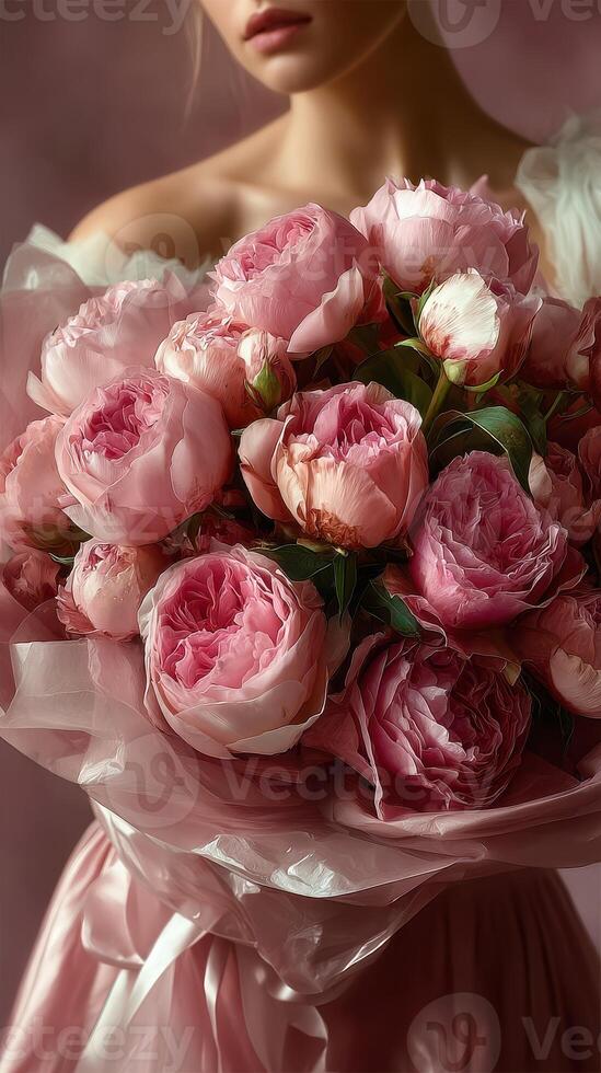 Beautiful bouquet of pink roses held by a woman in a soft dress during a serene indoor setting in early spring photo