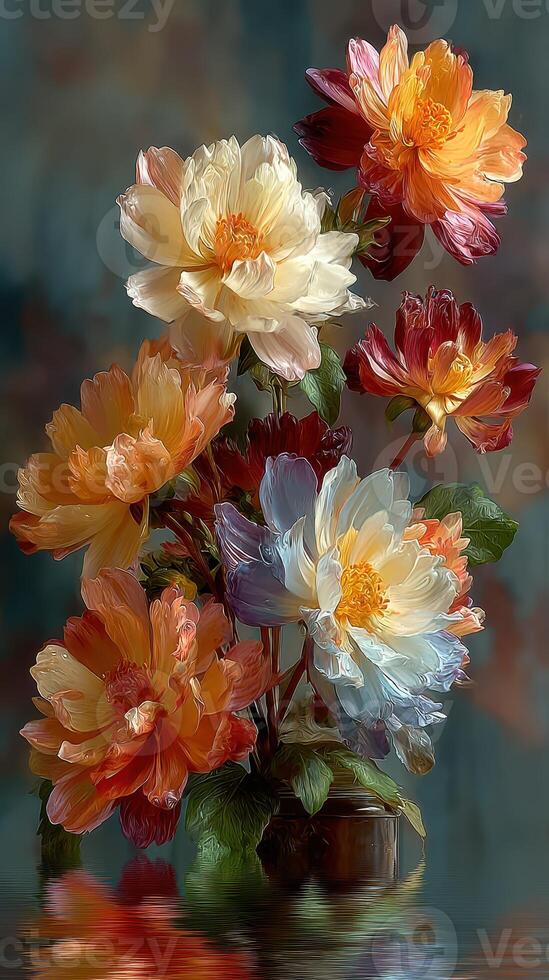 Beautiful arrangement of colorful flowers in a vase showcasing vibrant blossoms in a serene setting photo