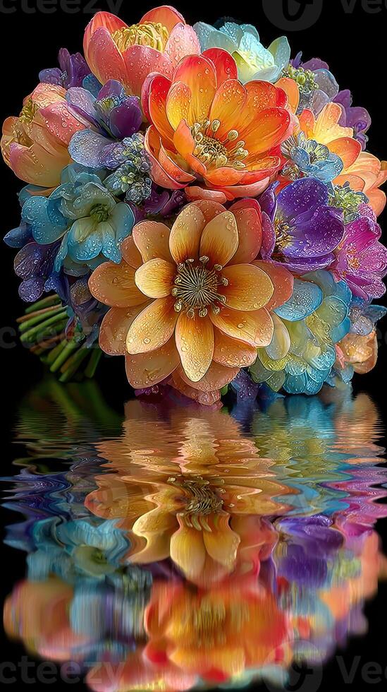 Brightly colored bouquet of flowers reflected on a smooth surface with droplets in the evening light photo