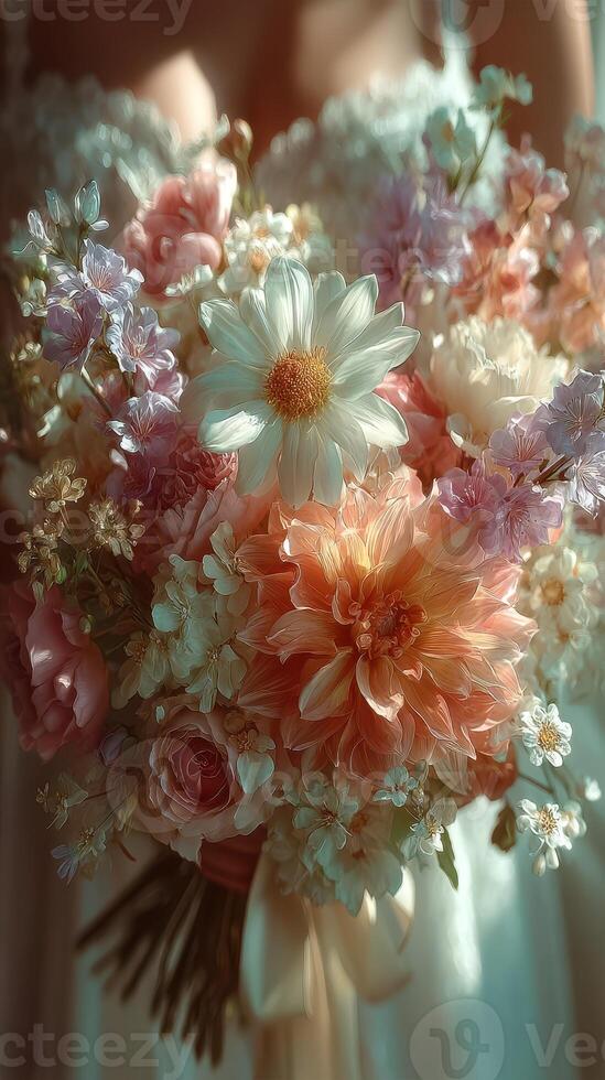 Beautiful bridal bouquet featuring pastel flowers held by a bride in soft light during a summer wedding ceremony photo
