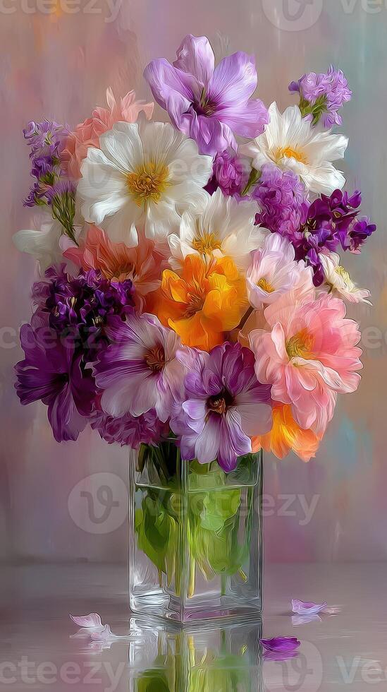 Vibrant bouquet of flowers in a glass vase with soft pastel background creating a cheerful atmosphere photo