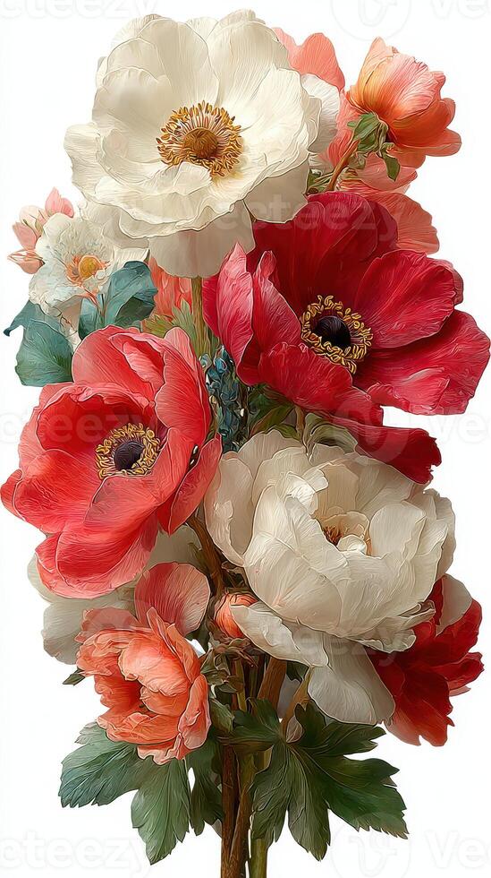 Colorful bouquet of anemones in a bright floral arrangement showcasing vibrant red, white, and pink flowers photo