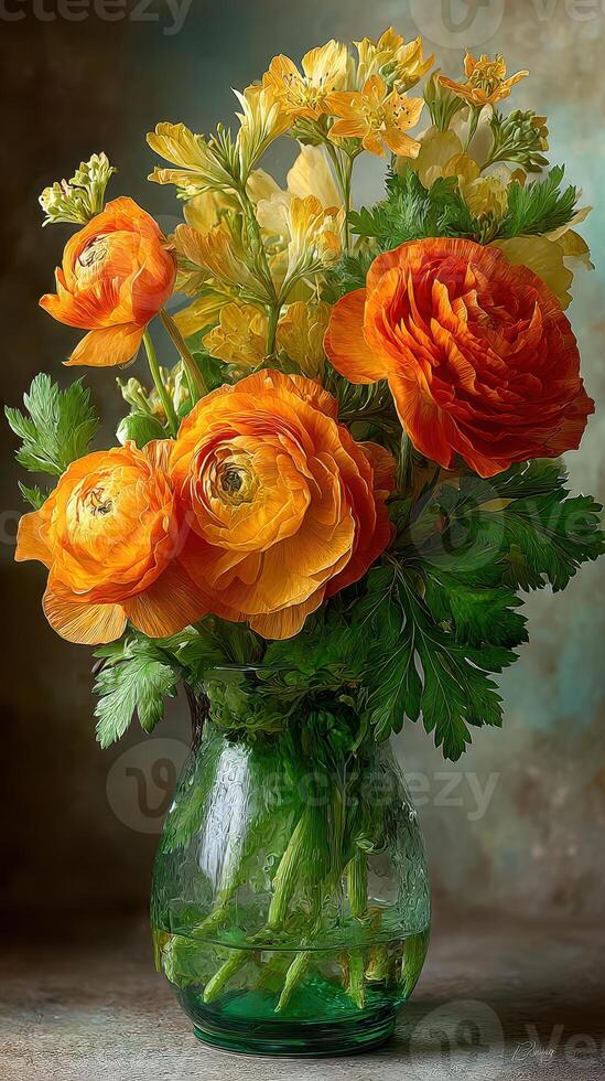 Colorful ranunculus flowers in a glass vase on a neutral background showcasing natural beauty and elegance photo