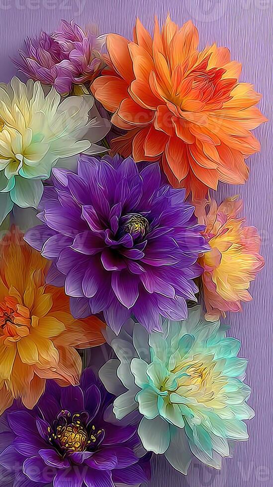 Colorful display of various flowers creating a vibrant wall decoration in bright shades of purple, orange, and blue photo