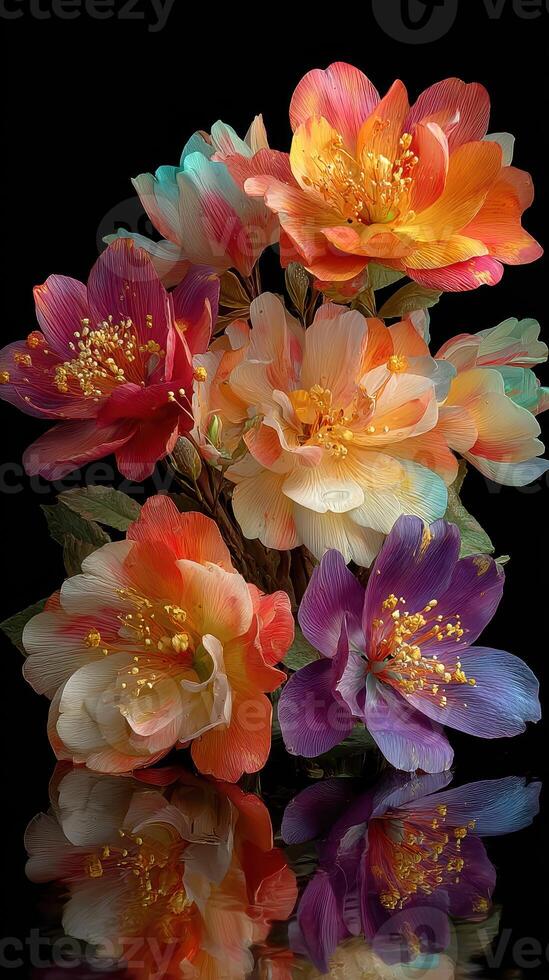 Colorful flowers with vibrant petals reflecting on a dark surface displaying natural beauty and artful arrangement photo