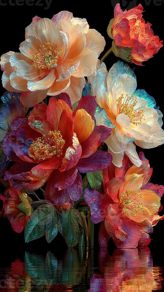 Colorful peony flowers displayed against a dark background showcasing a variety of textures and hues during a tranquil setting photo