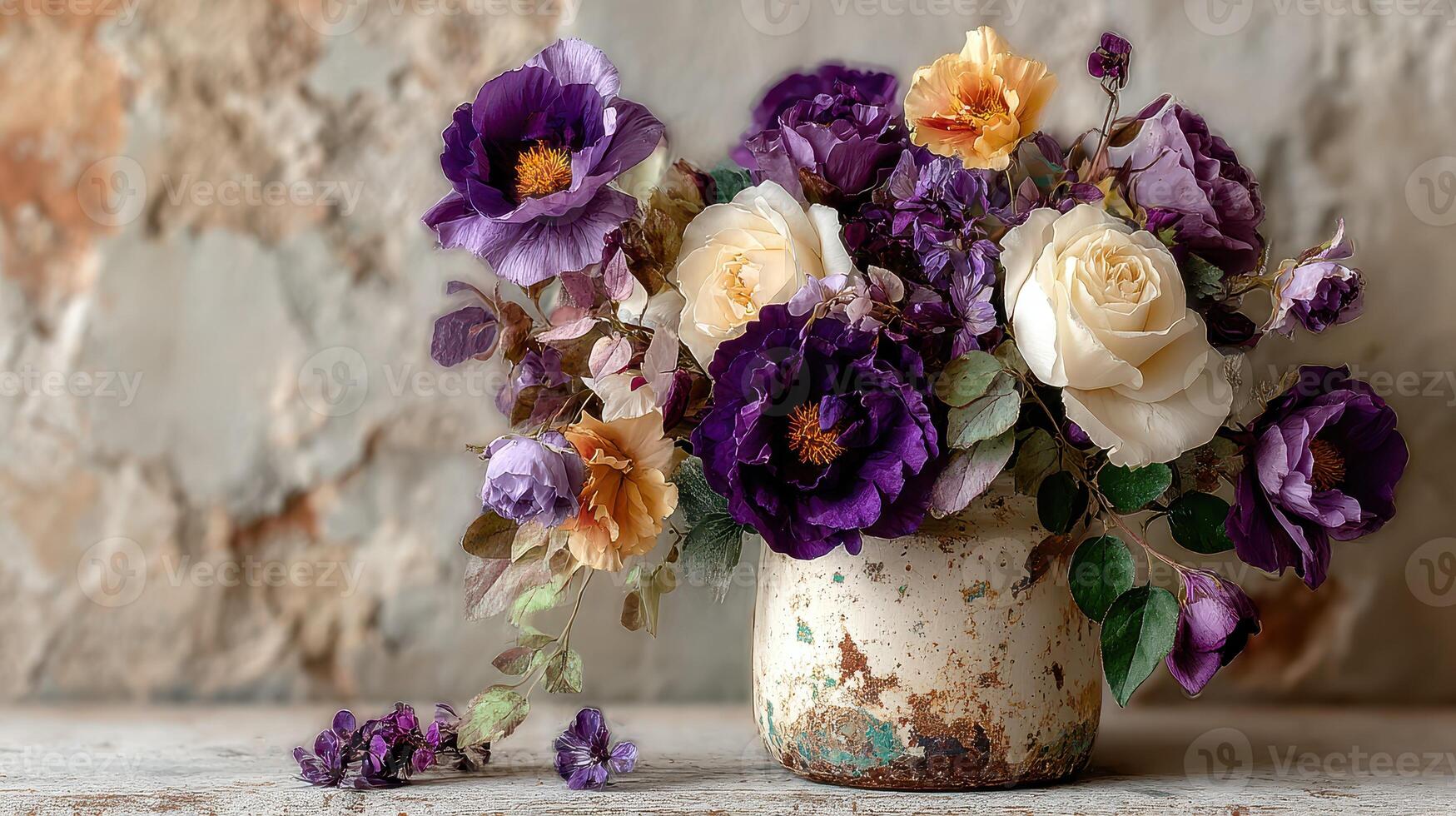 Beautiful arrangement of dried flowers in a rustic pot against a textured wall backdrop photo