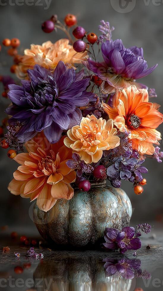 Beautiful autumn floral arrangement in a pumpkin vase with vibrant colors and textures, showcasing seasonal blooms photo