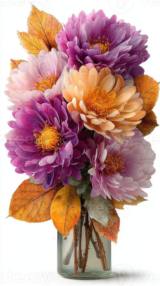 Beautiful floral arrangement featuring vibrant dahlias and autumn leaves in a glass vase on a white background photo