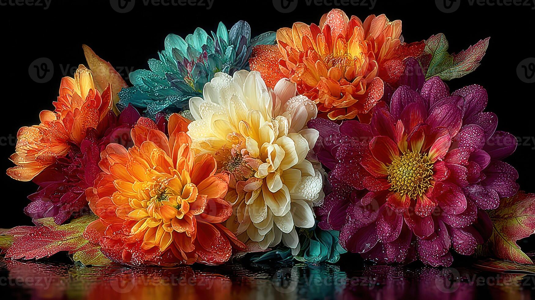 Bright dahlia flowers with water droplets arranged artistically on a black background photo