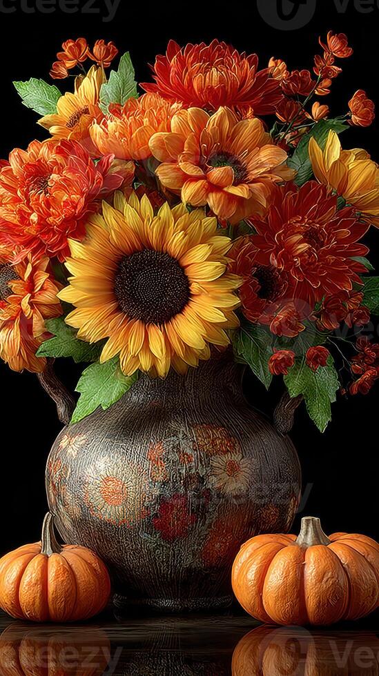 Vibrant autumn bouquet with sunflowers and pumpkins displayed on a dark background photo