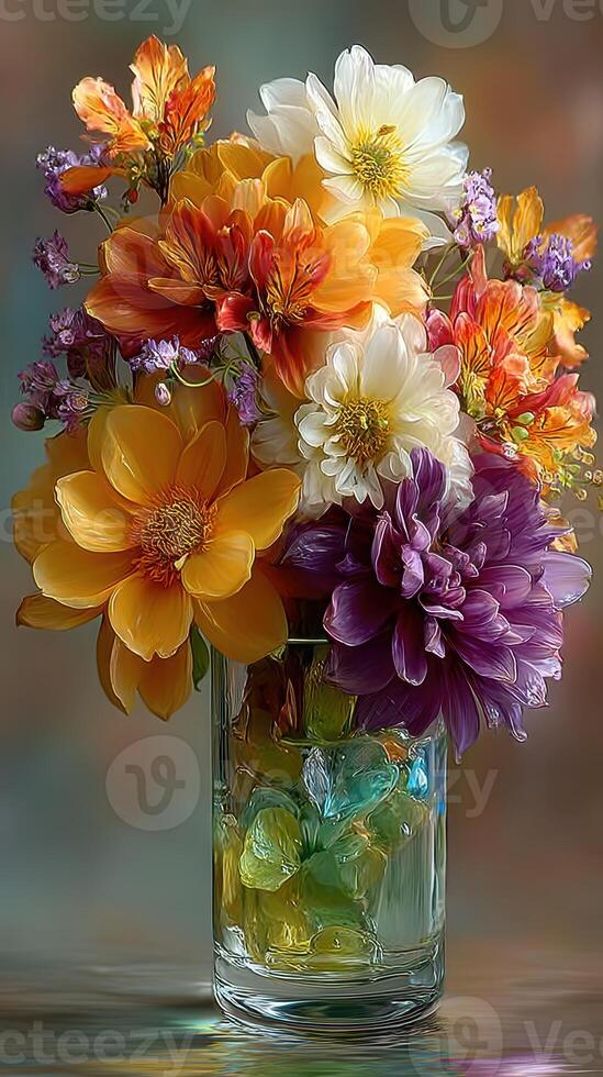 Vibrant mixed flower arrangement in glass vase with colorful candies on display photo