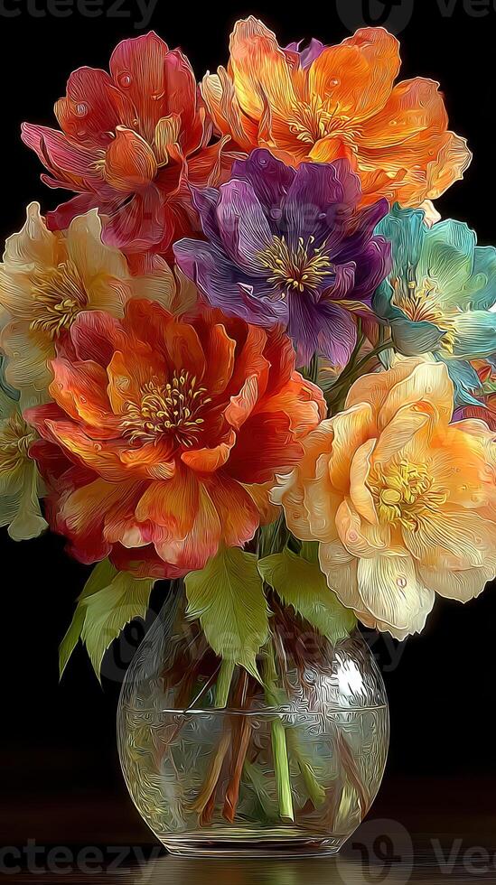 Colorful bouquet of vibrant flowers in a glass vase on a dark background highlighting their beauty and elegance photo