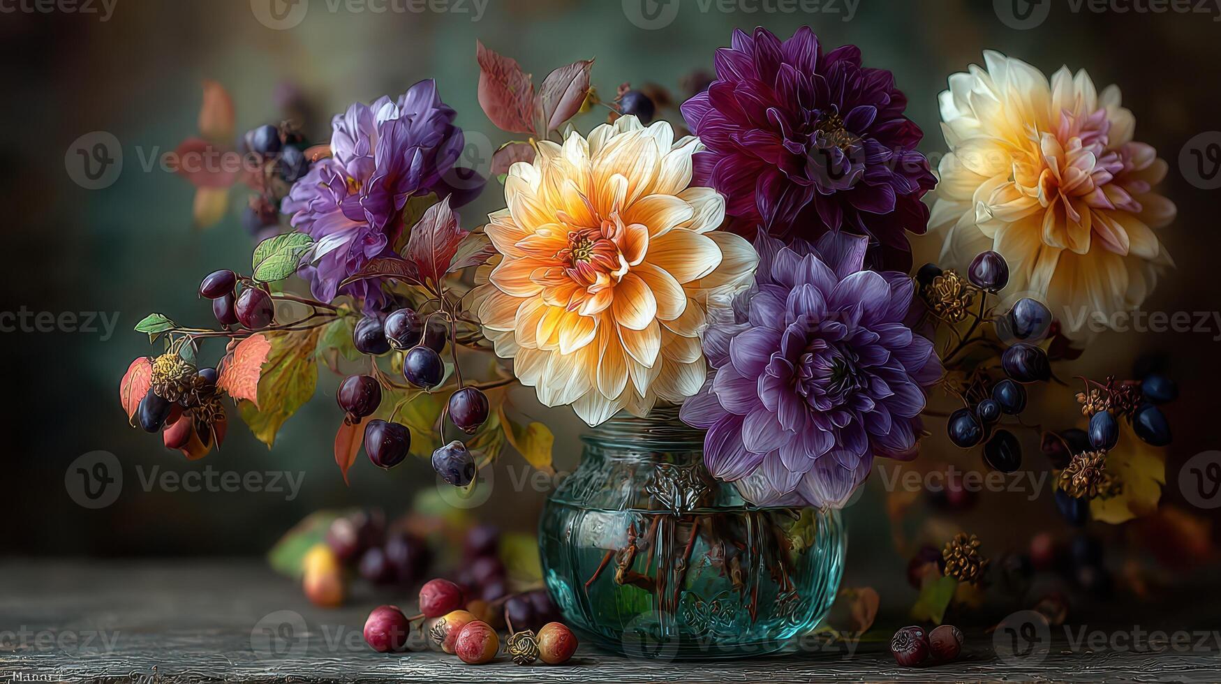 Colorful dahlias in a glass vase with autumn leaves and berries on a rustic wooden table in a softly lit setting photo